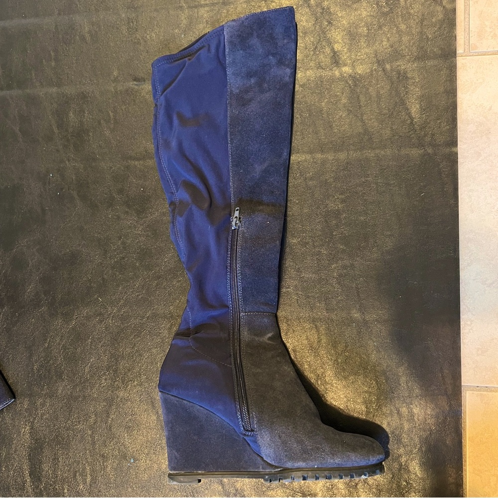 Navy Suede Wedge Over the Knee Boots